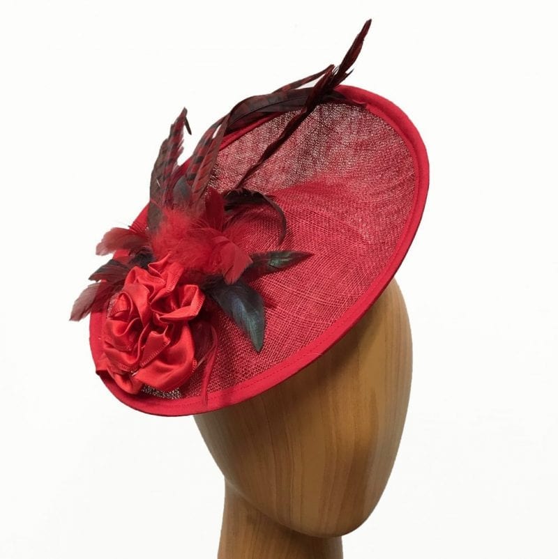 Red Tropical Floral Print Pheasant Feather Fascinator Pillbox Races Hat 6123 