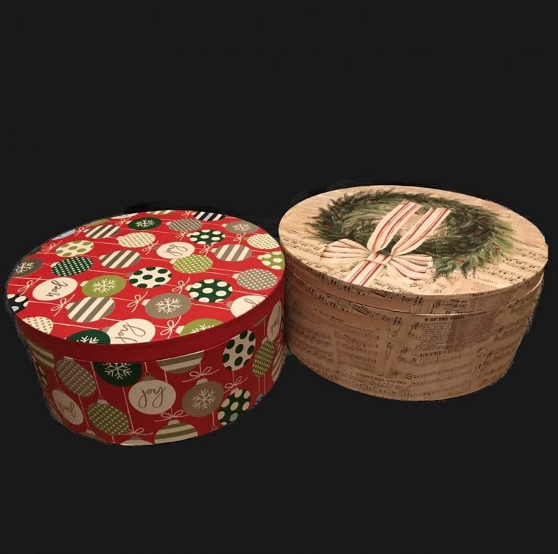 Fascinated by Hats Add A Hat Box to Protect Your New Hat or fascinator: in Medium Large and Large Sizes. All Are Decorative with Holiday Designs, Without words/writing.