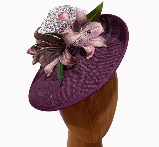 Eggplant lily netting fascinator