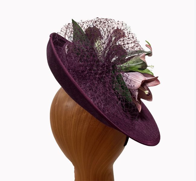 Eggplant lily netting fascinator